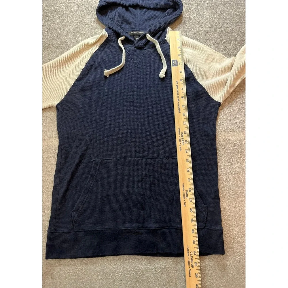 Banana Republic Mens Waffle Knit Raglan Hoodie Navy Blue Cream Small